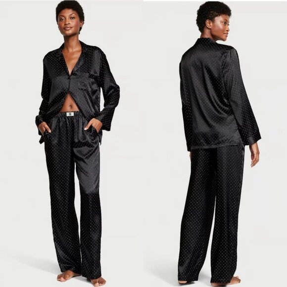 Victoria's Secret Dew Drop Satin Long Pajama Set Black Sparkle Sleepwear NWT XL - Picture 1 of 11